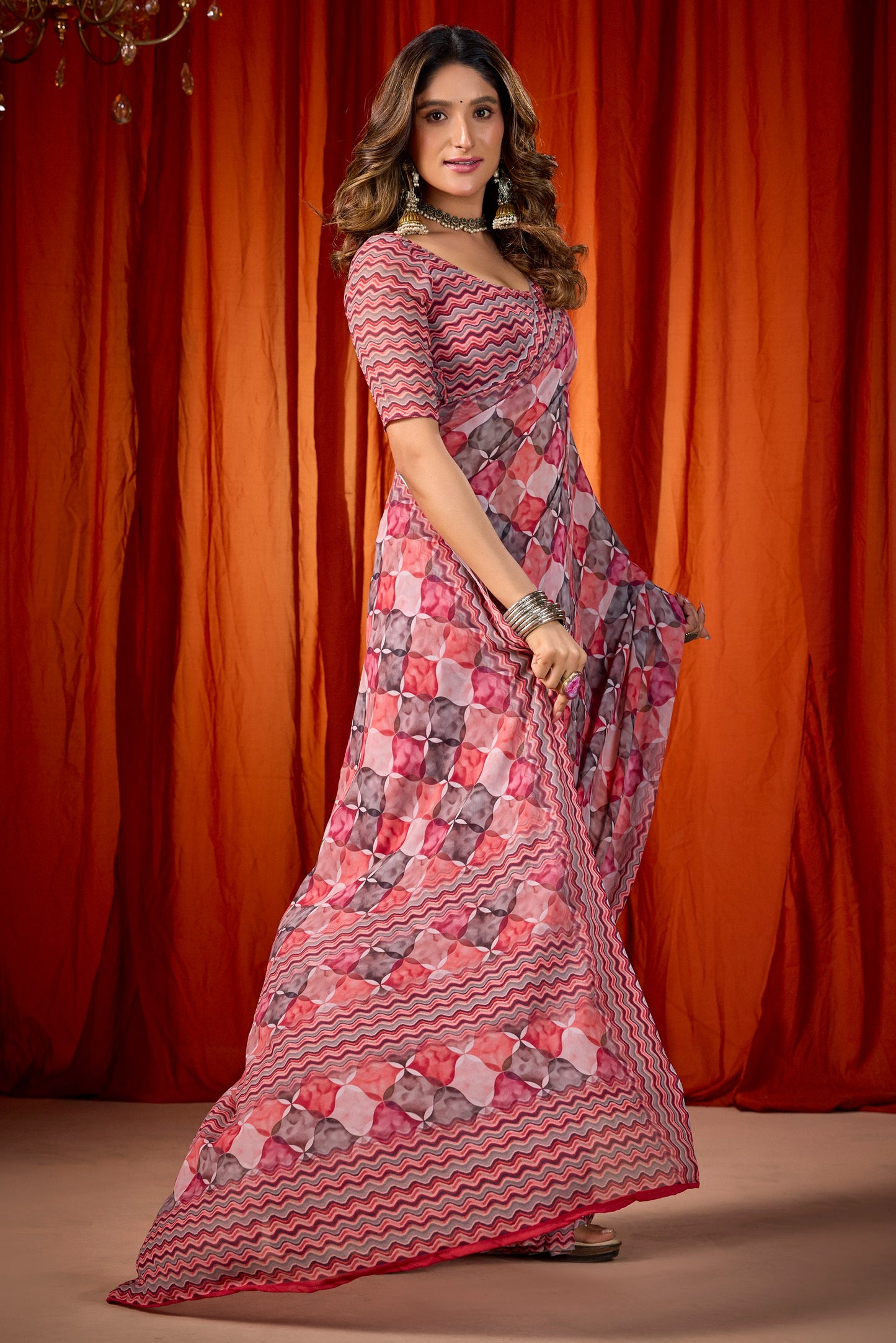 Shraddha - Red Georgette Digital Printed Saree
