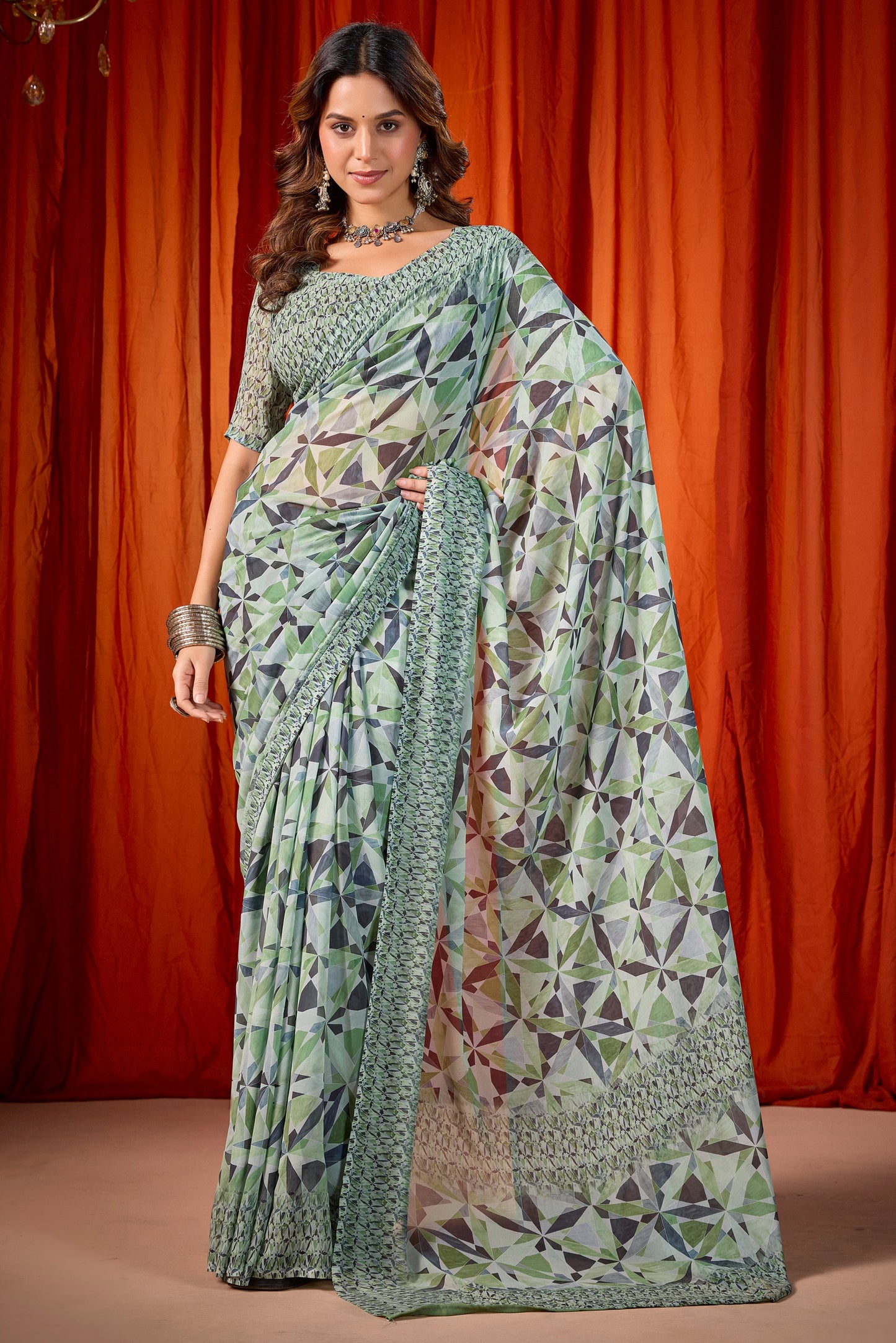 Shraddha - Light Green Georgette Digital Printed Saree