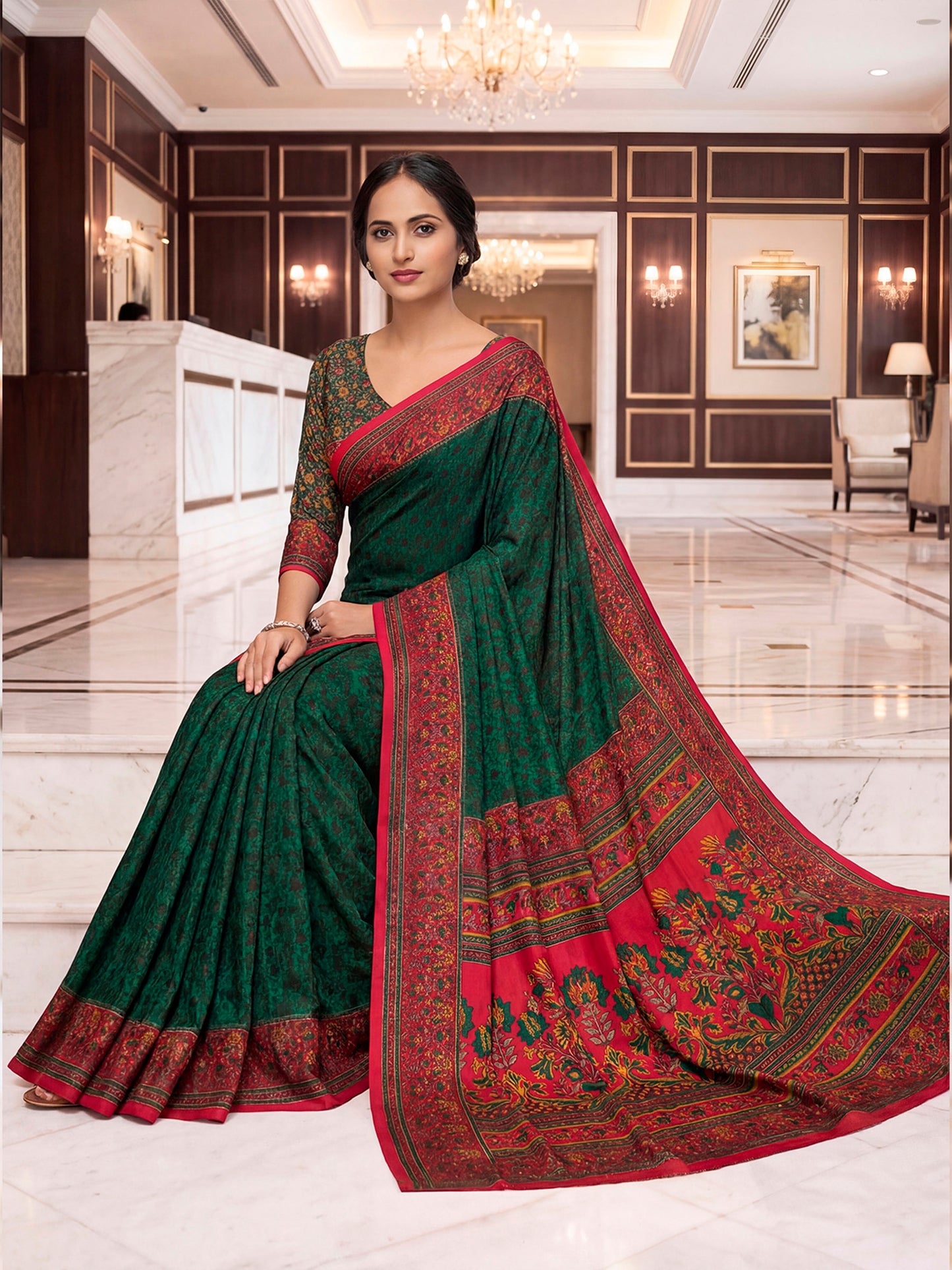 Chitrika - Forest Green Printed Crepe Silk Saree