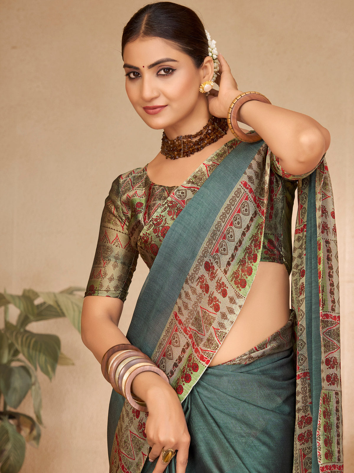 Ekvarna - Sea Green Printed Chiffon Saree