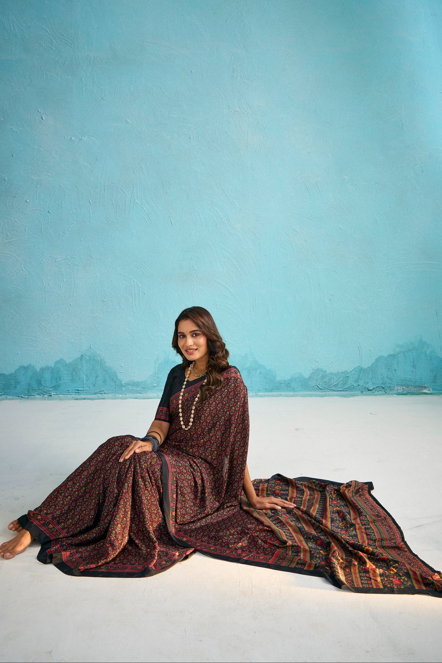 Rajkala - Purple Floral Printed Crepe Silk Saree