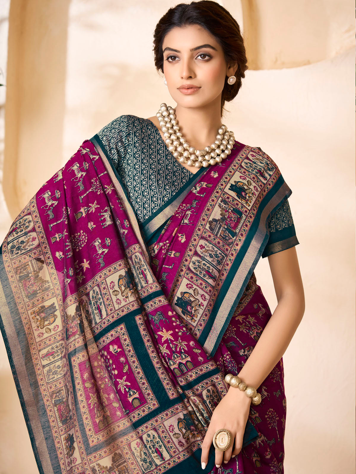 Monalisa - Purple Chanderi Cotton Printed Saree with Classic Folk Art Print