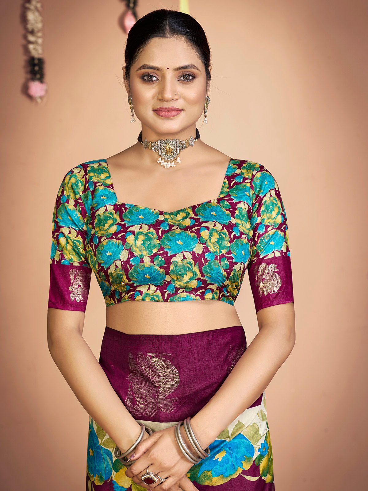 Rajkumari - Purple Printed Soft Silk Saree with Silk Foil Work