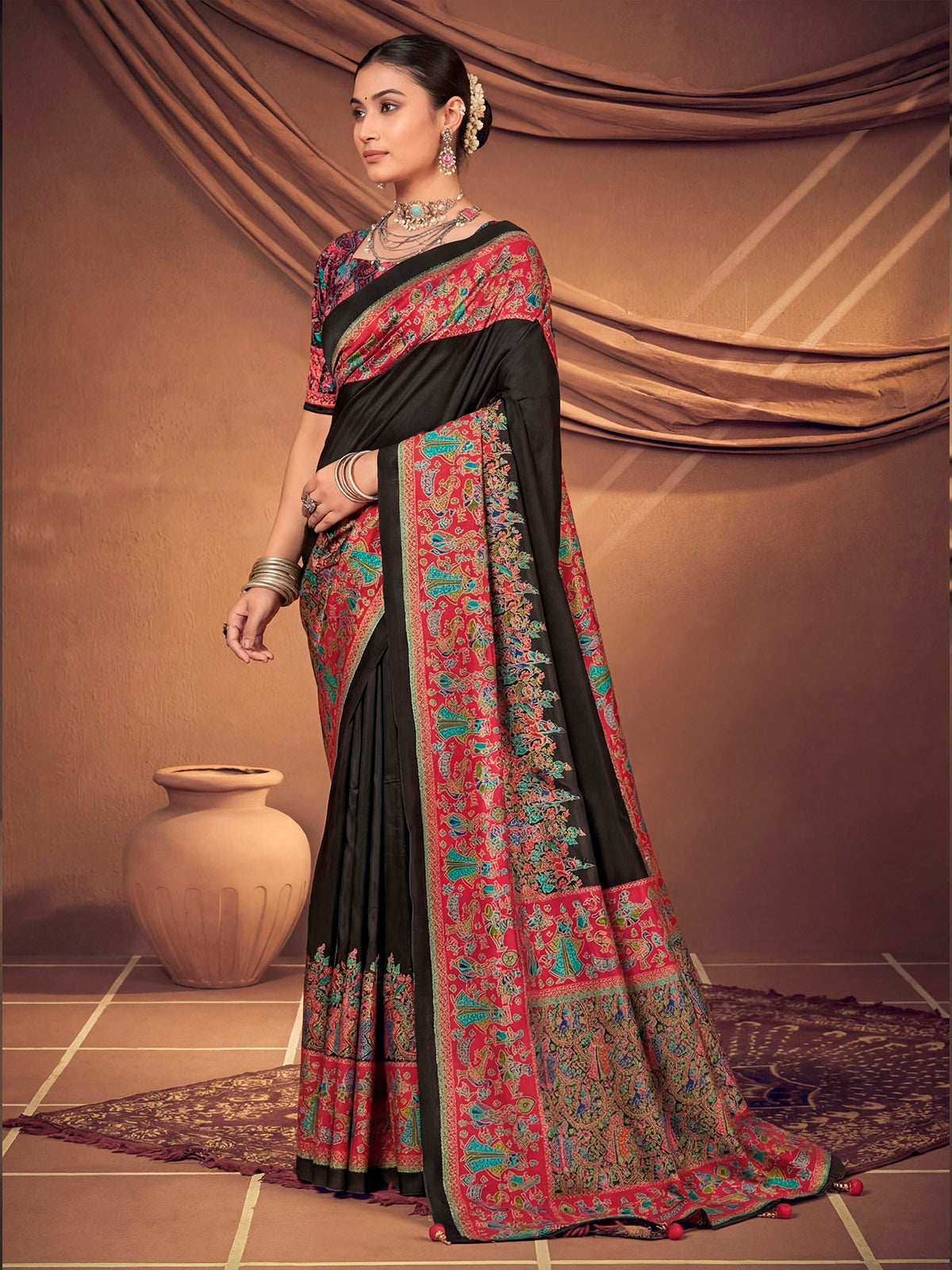 Kumuda - Black Mysore Silk Jari Printed with Tessals