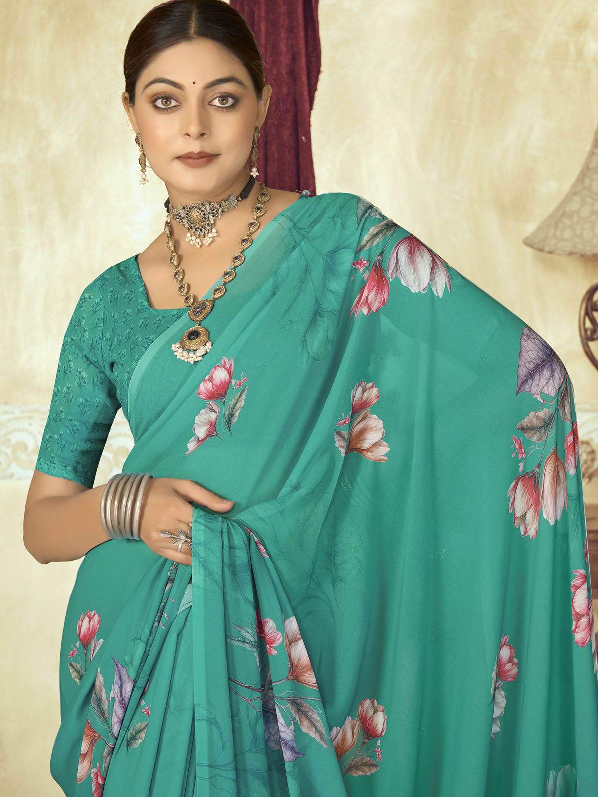 Riddhi - Turquoise Georgette Floral Digital Printed Saree