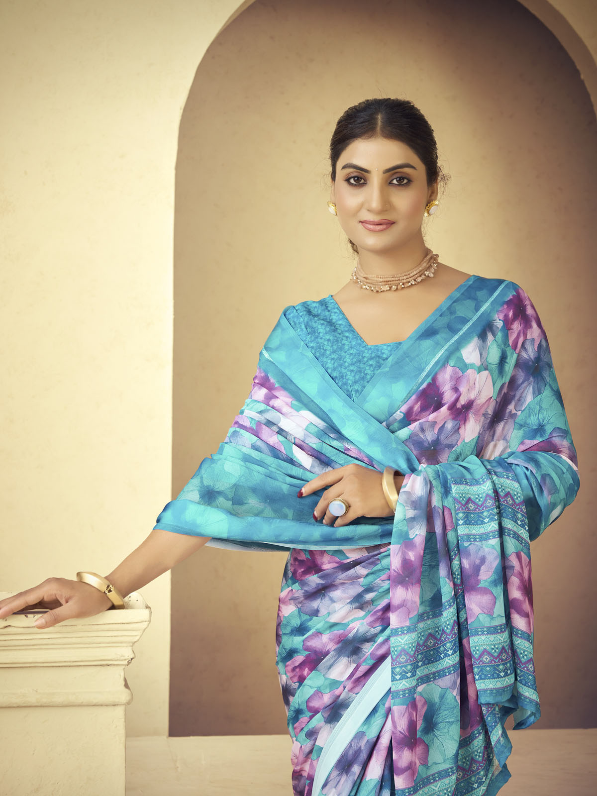 Samriddhi - Aqua Blue Moss Georgette Digital Print Saree with Satin Patta Border