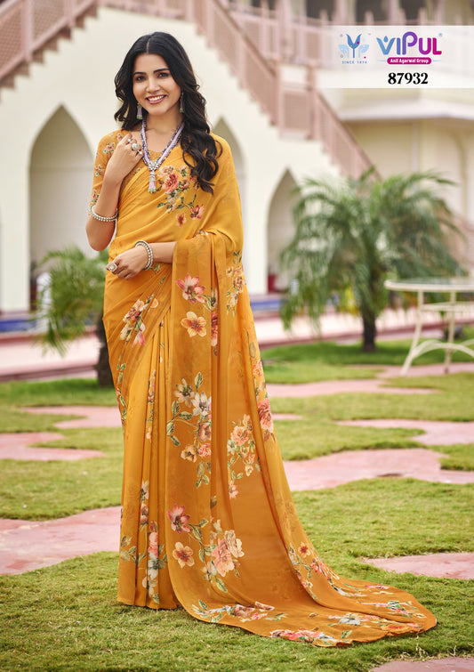 Twisha - Yellow Georgette Floral Digital Printed Saree