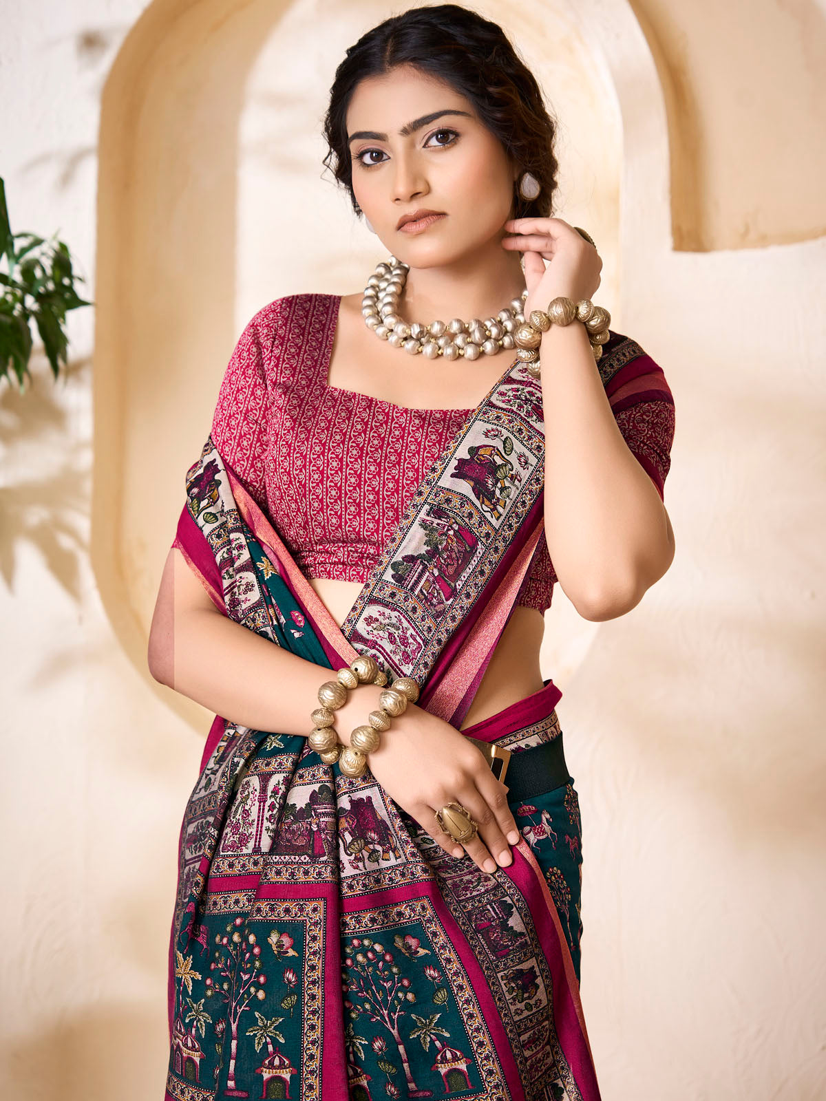 Monalisa - Blue Chanderi Cotton Printed Saree with Classic Folk Art Print