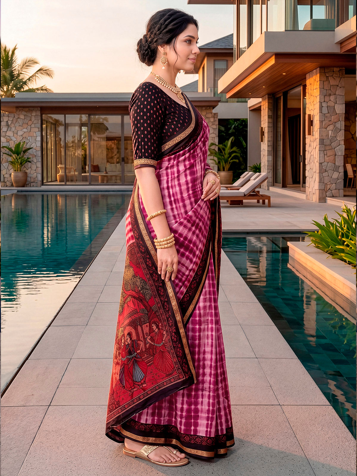 Monalisa - Pink Printed Liva Cotton Silk Saree