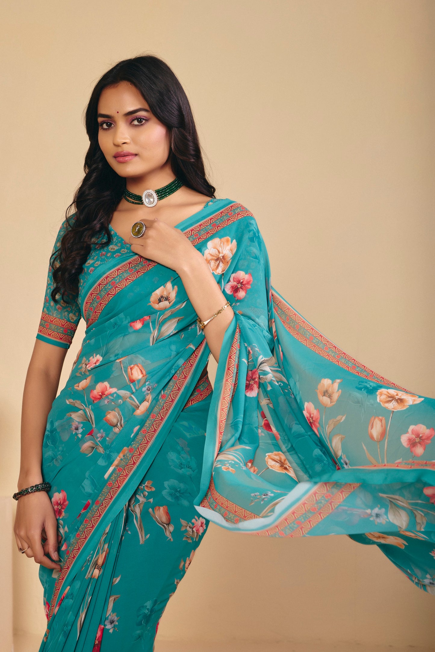 Twisha - Green Georgette Digital Printed Saree