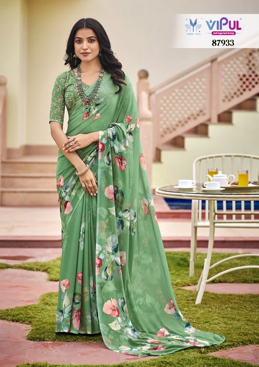 Twisha - Green Georgette Floral Digital Printed Saree