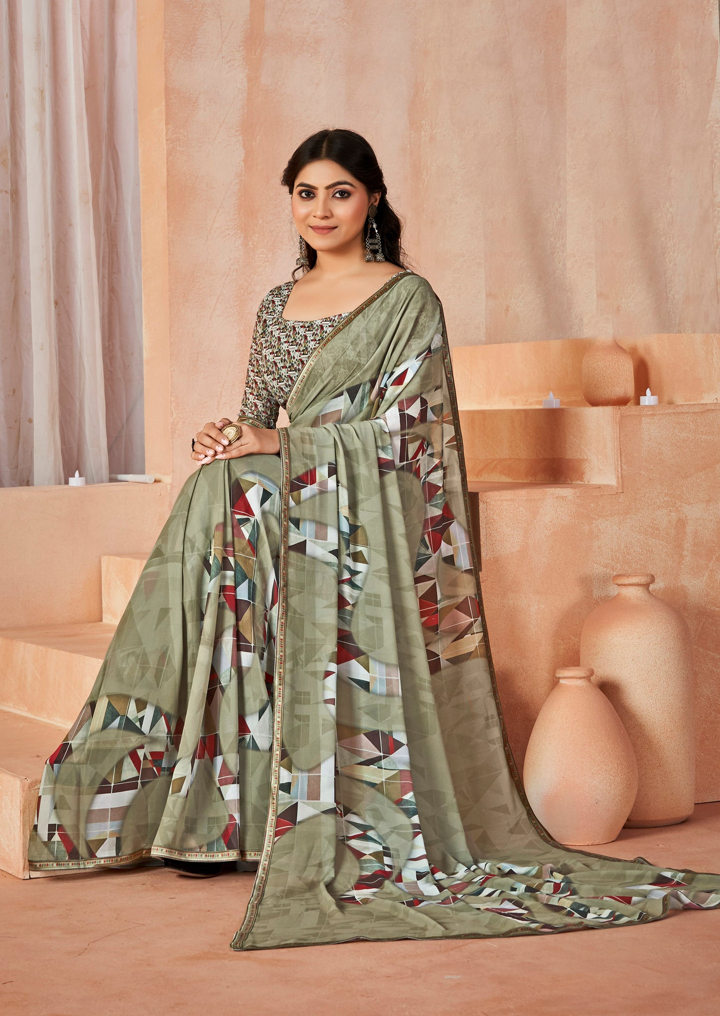Sumedha - Olive Green Digital Printed Georgette Saree