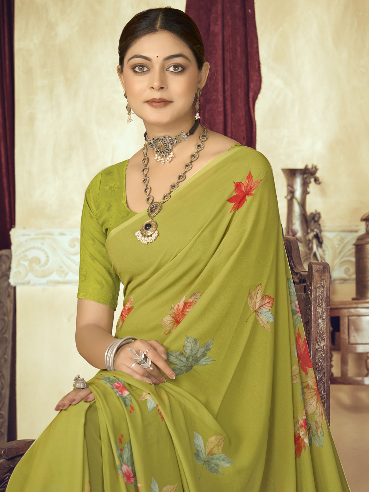 Riddhi - Green Georgette Floral Digital Printed Saree