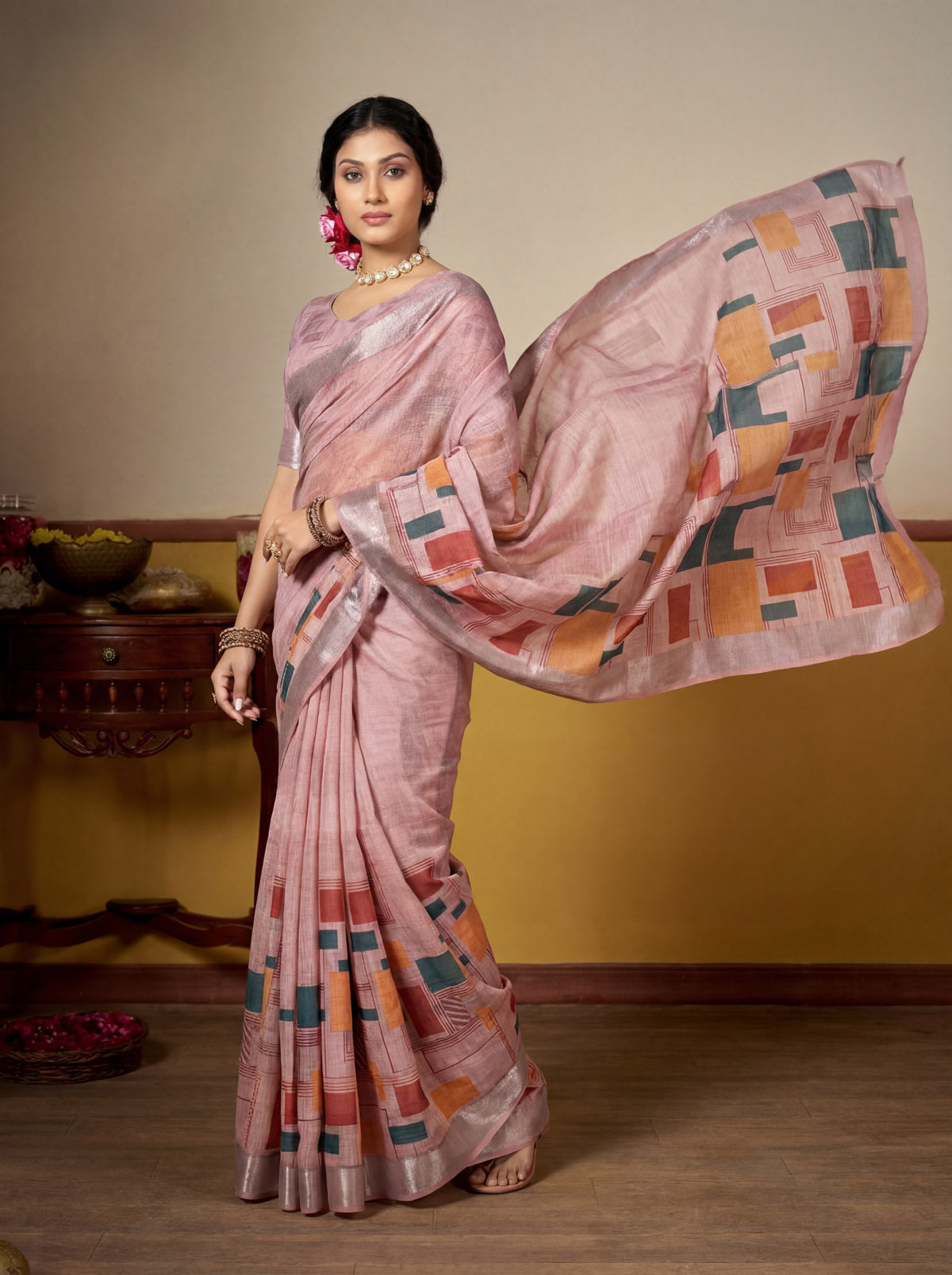 Rachna - Green Linen Digital Print Saree with Woven Border