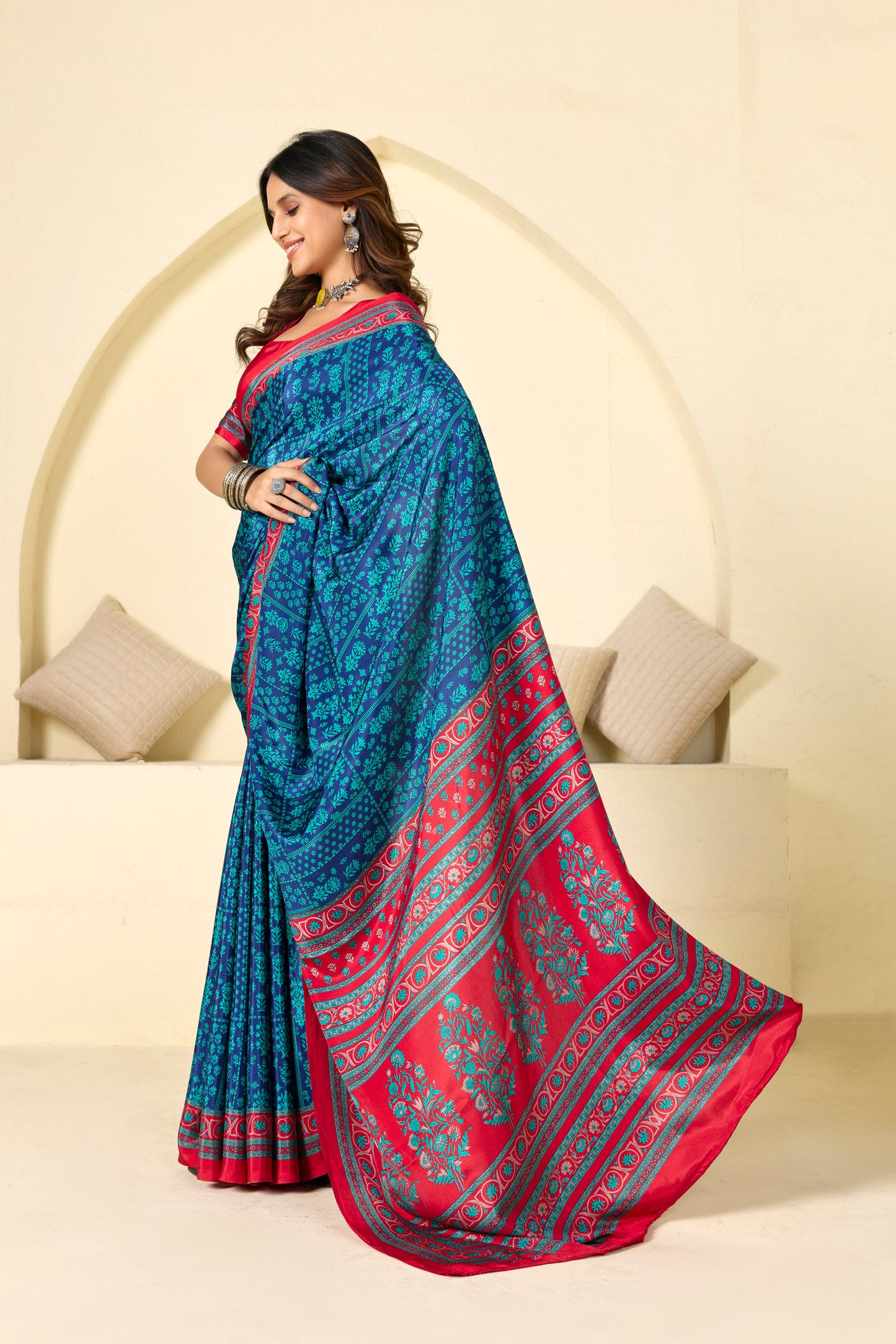 Rajkala - Blue Floral Printed Crepe Silk Saree