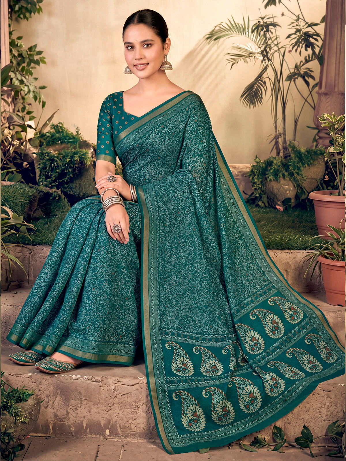 Amrapali - Teal Chanderi Cotton Digital Printed Saree with Zari Border