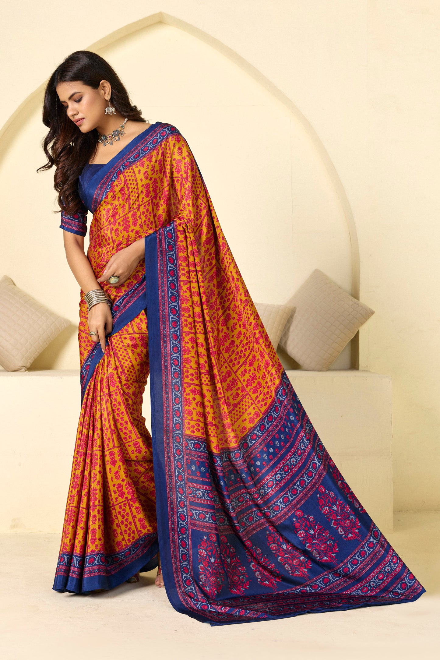 Rajkala - Yellow Floral Printed Crepe Silk Saree