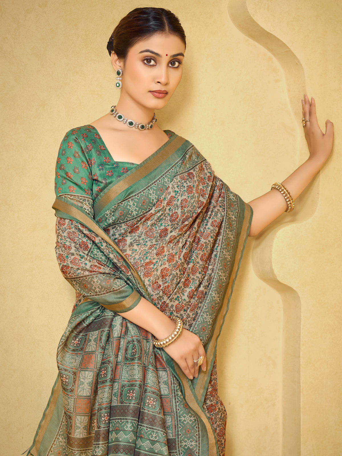 Amrapali - Sea Green Chanderi Cotton Digital Printed Saree with Zari Border