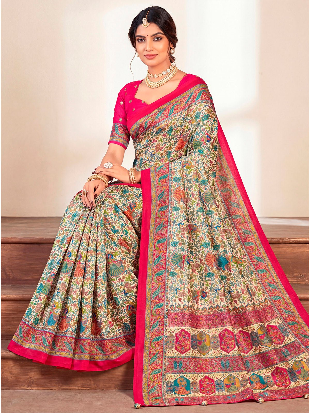 Kumuda - Cream Mysore Silk Jari Printed with Tessals