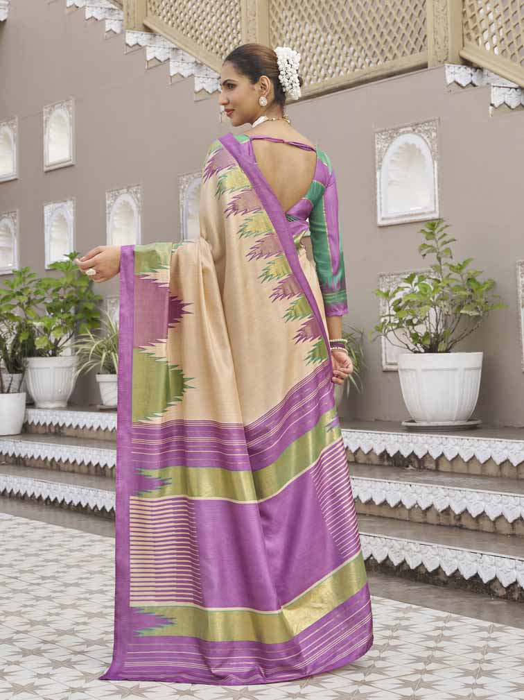 Gulmarg - Beige Silk Digital Printed Saree with Zari Border