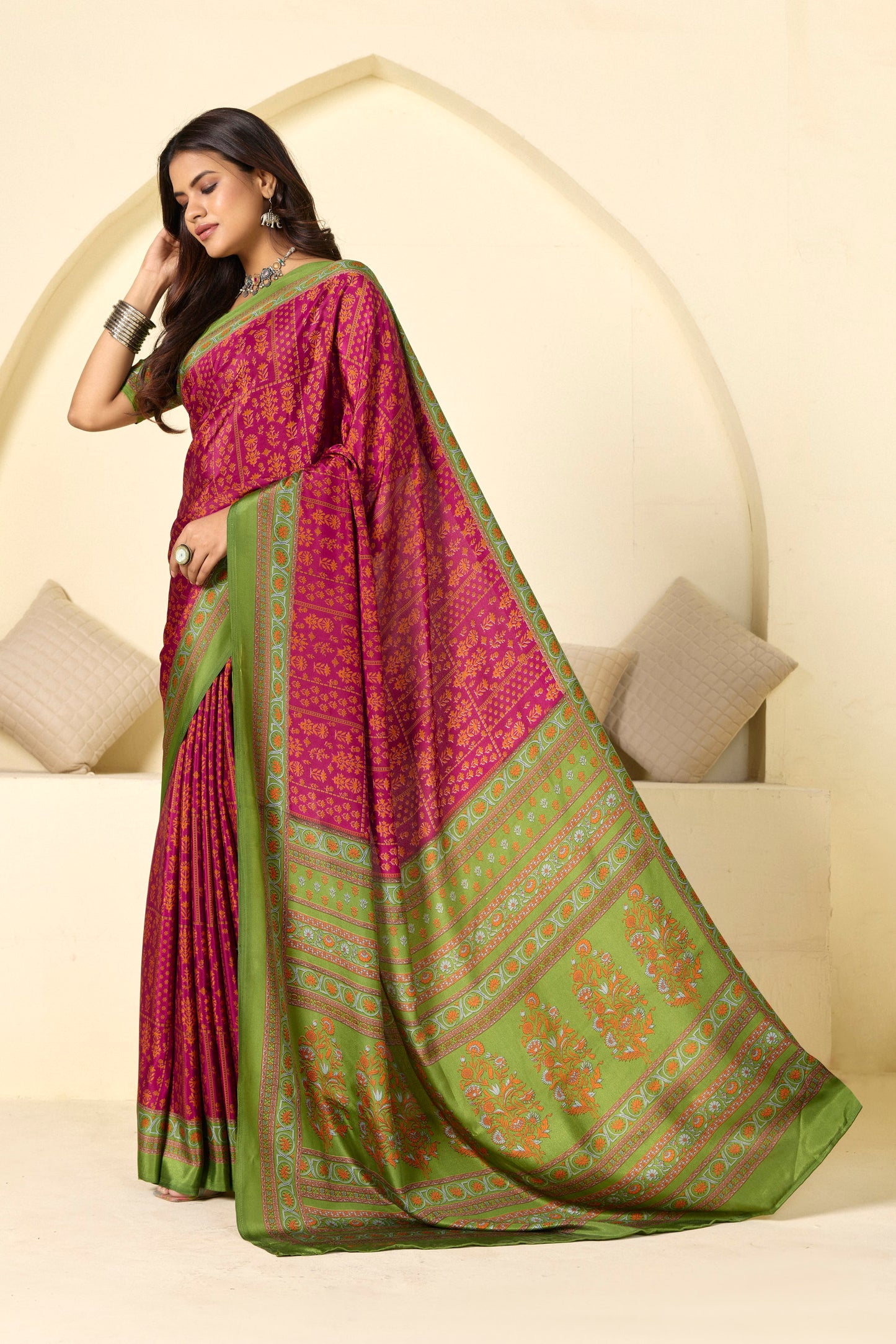 Rajkala - Purple Floral Printed Crepe Silk Saree