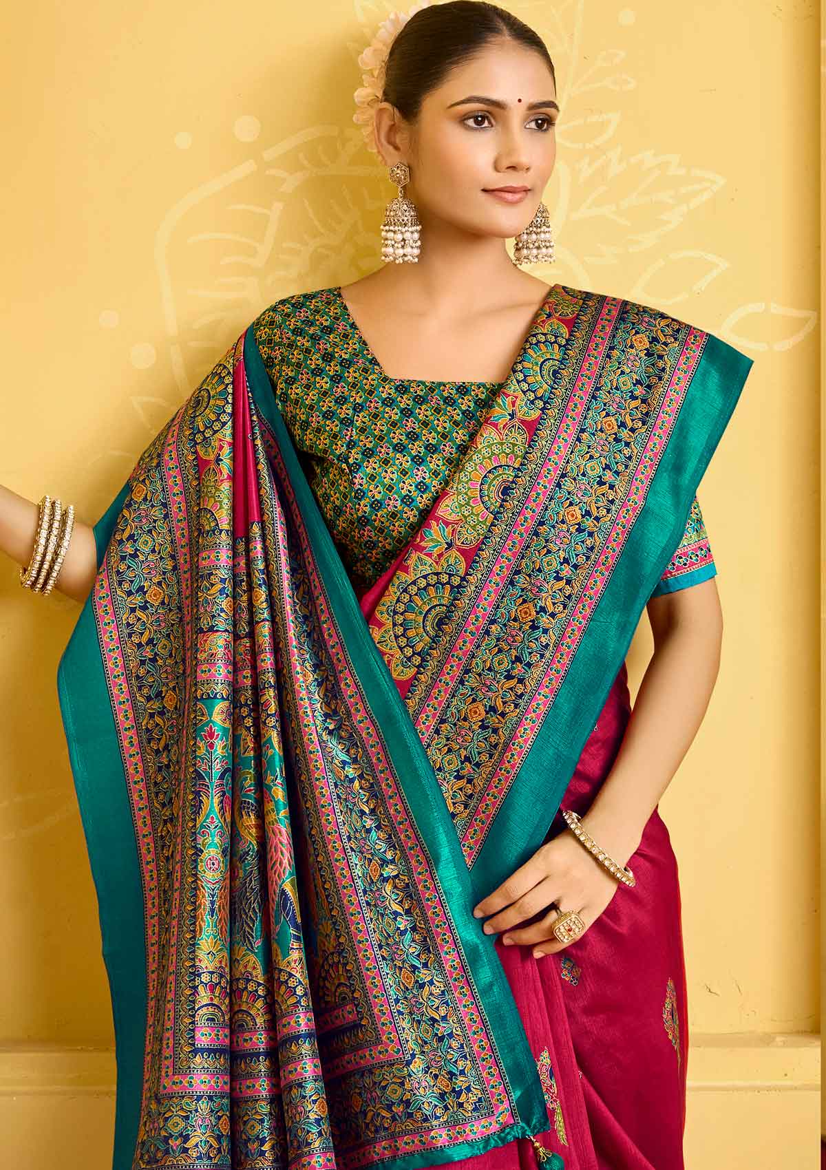 Kumuda - Red Silk Printed Saree with Delicate Foil Work