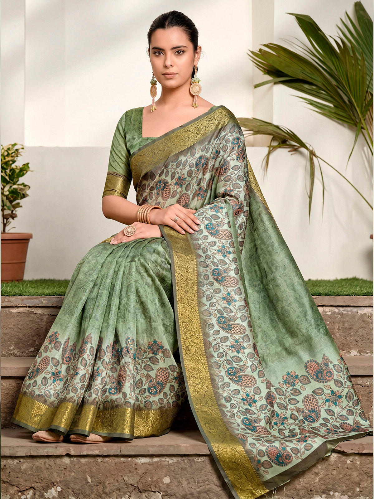 Varnika - Green Digital Printed Moss Georgette Saree with Woven Border