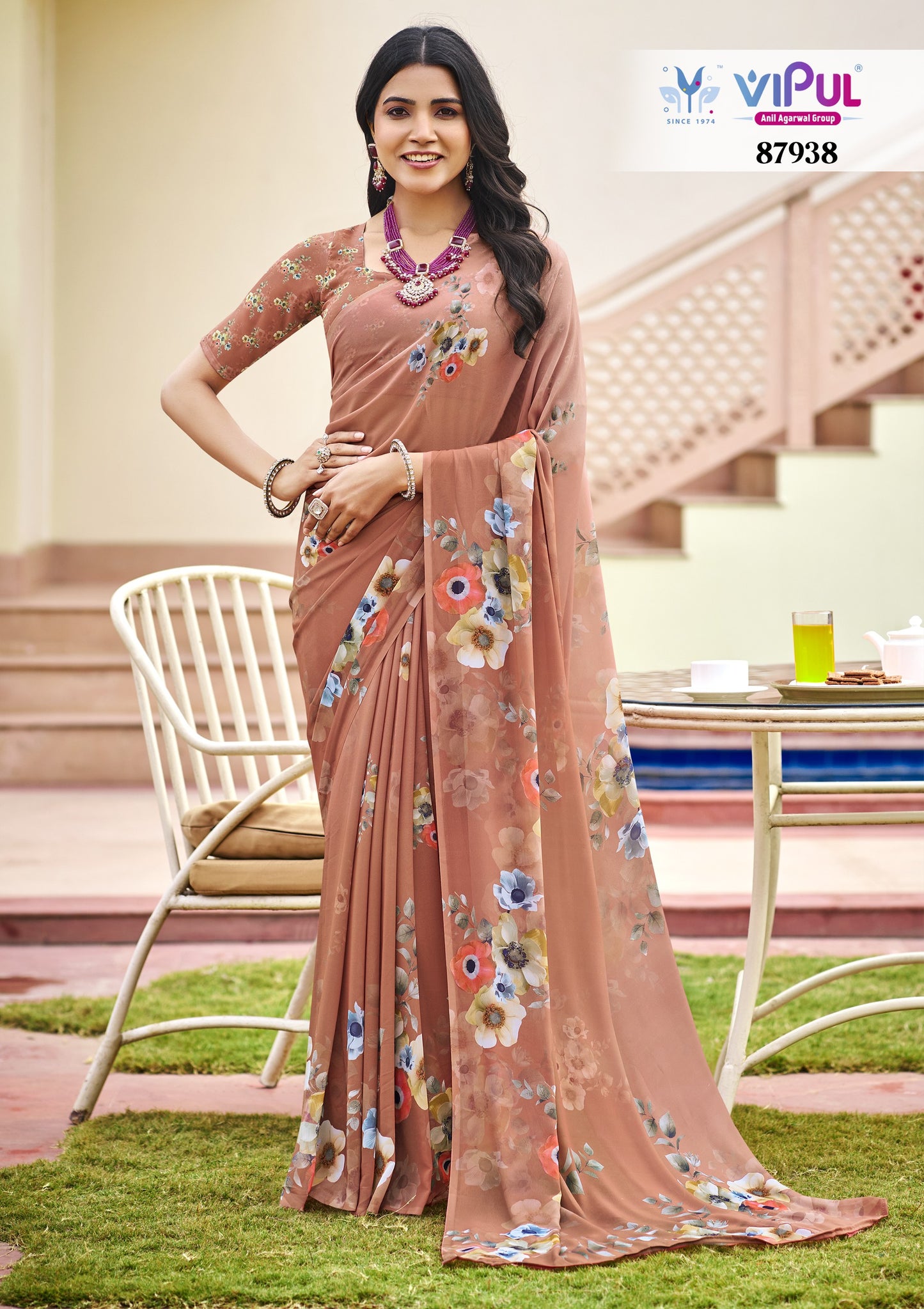 Twisha - Rose Brown Georgette Floral Digital Printed Saree