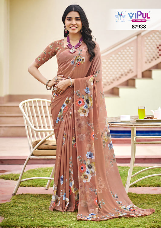 Twisha - Rose Brown Georgette Floral Digital Printed Saree