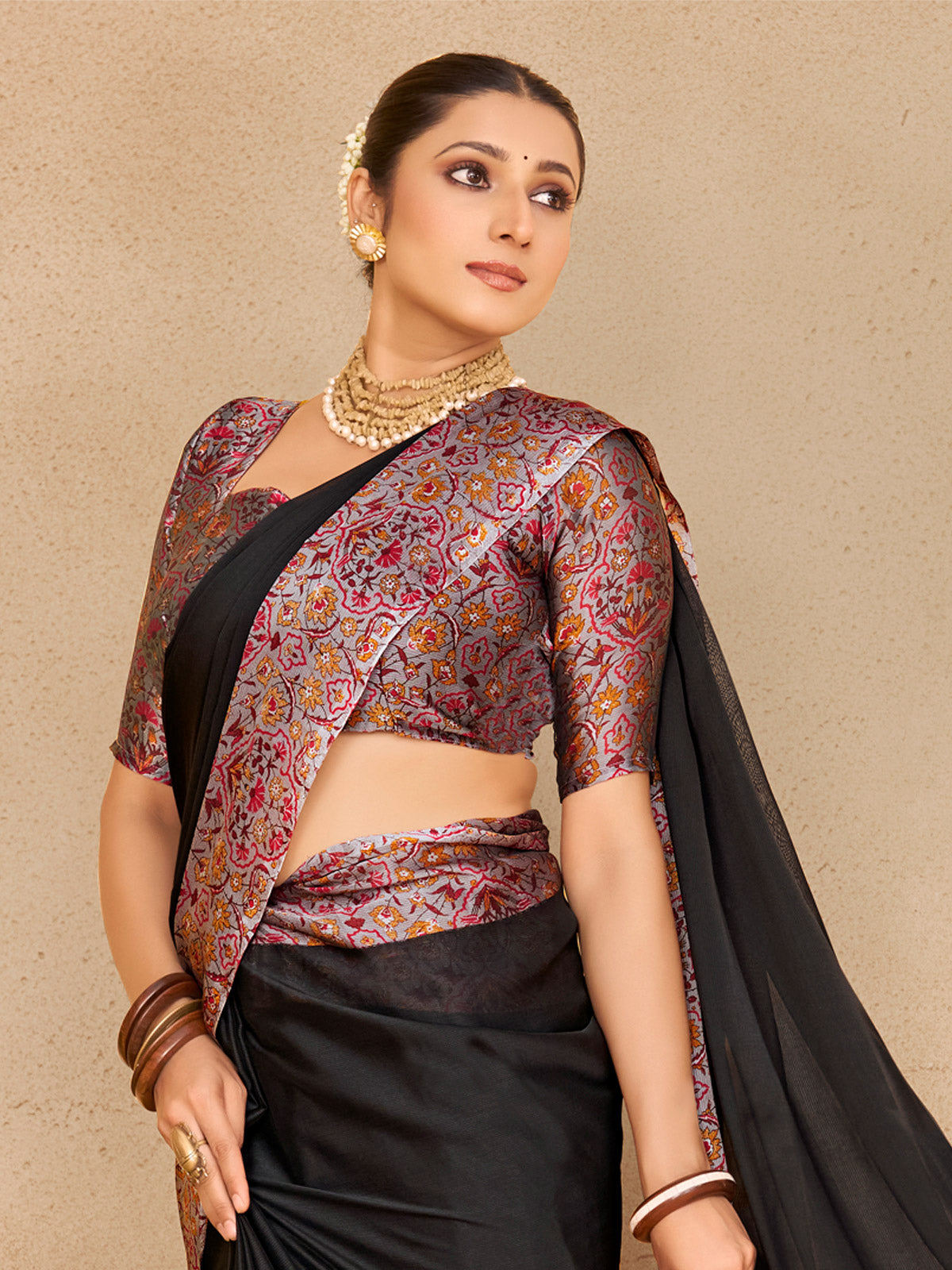 Ekvarna - Black Printed Chiffon Saree