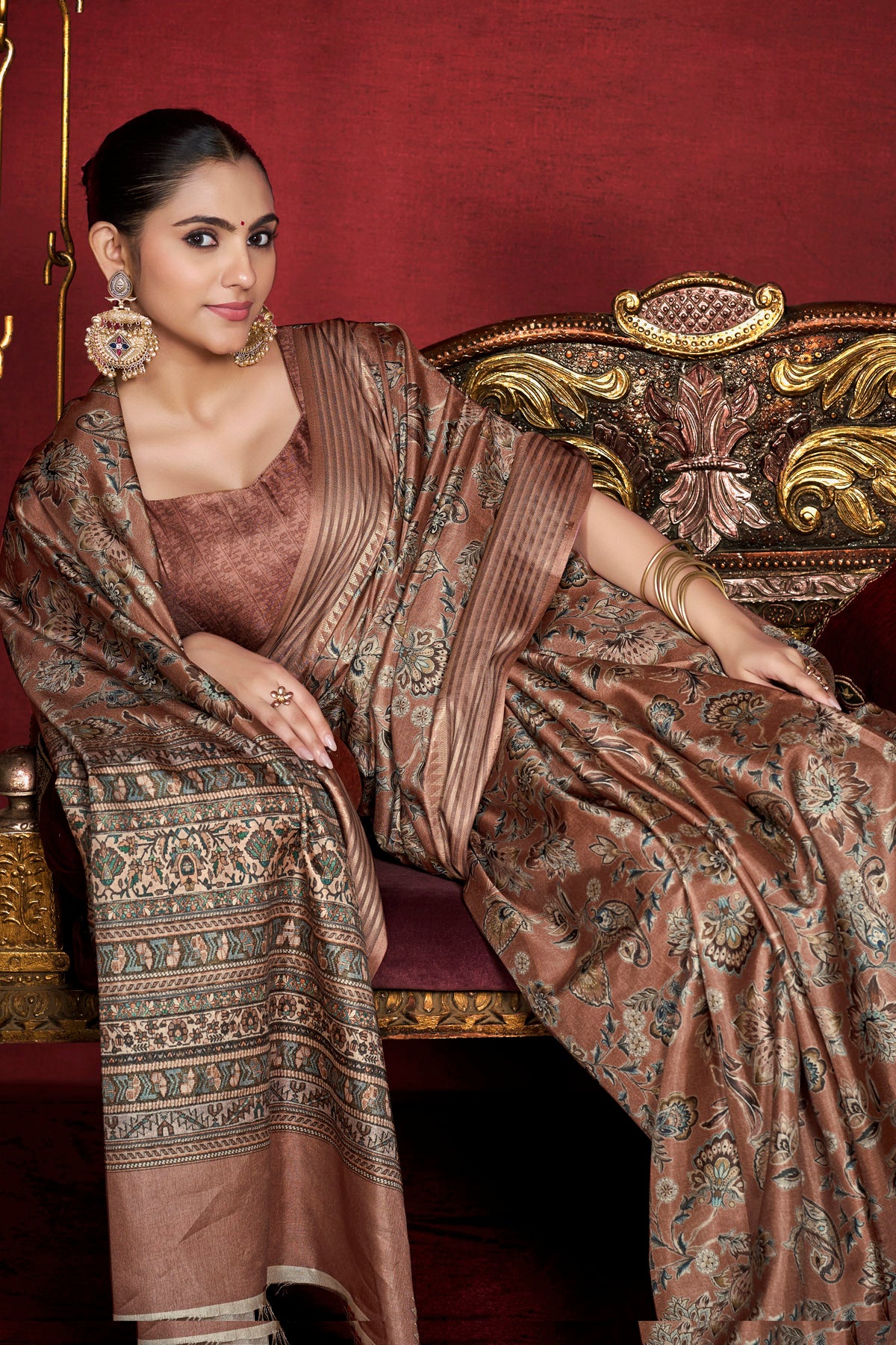 Veera - Rose Brown Soft Silk Digital Printed Saree with Woven Border