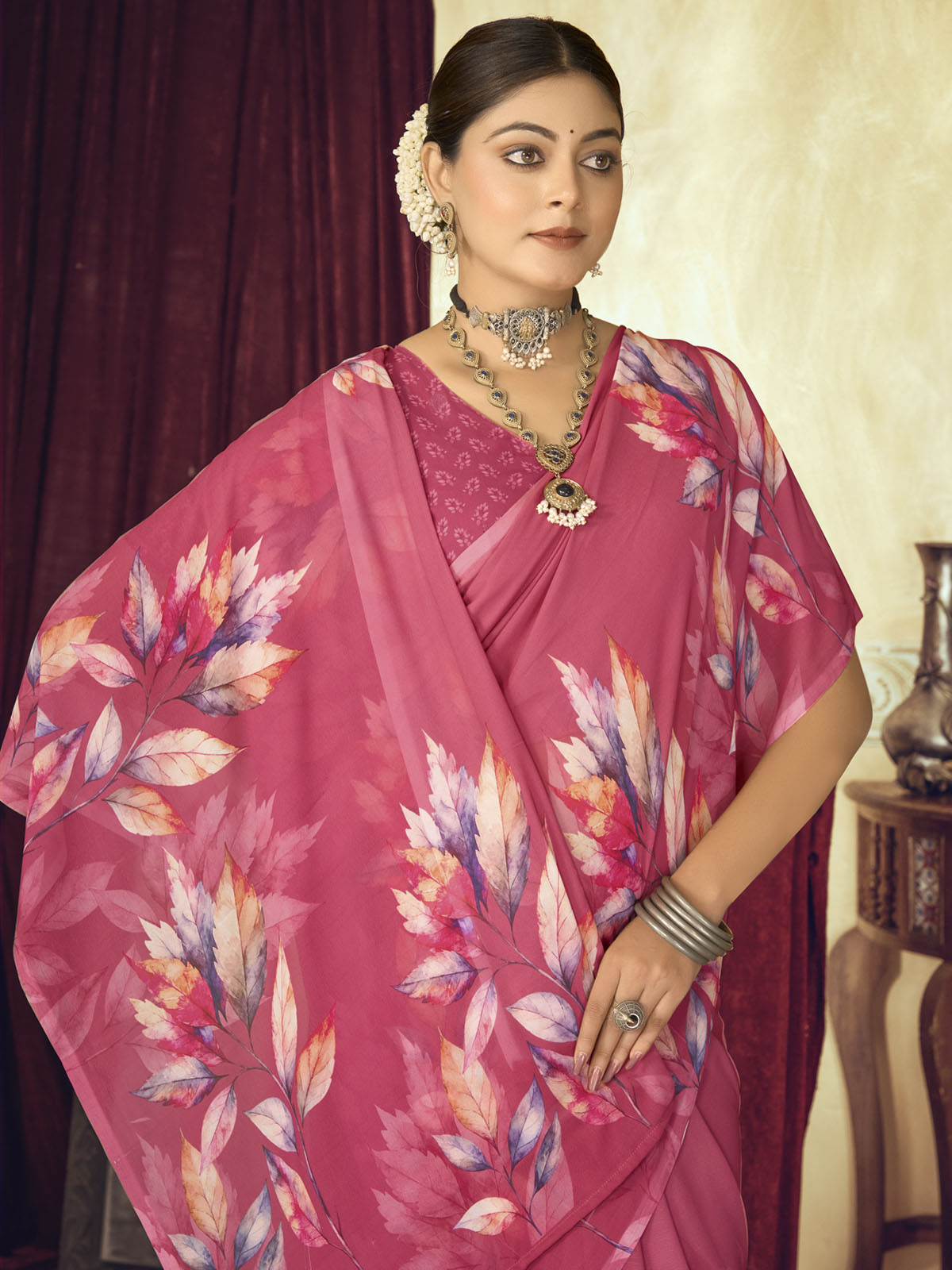 Riddhi - Coral Georgette Floral Digital Printed Saree