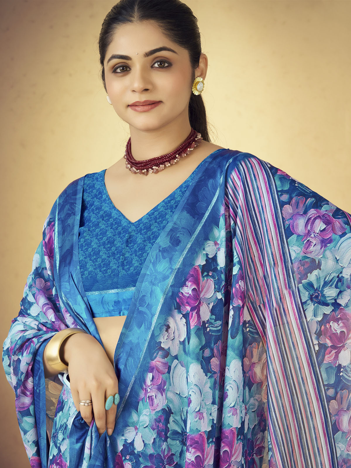 Samriddhi - Blue Moss Georgette Digital Print Saree with Satin Patta Border