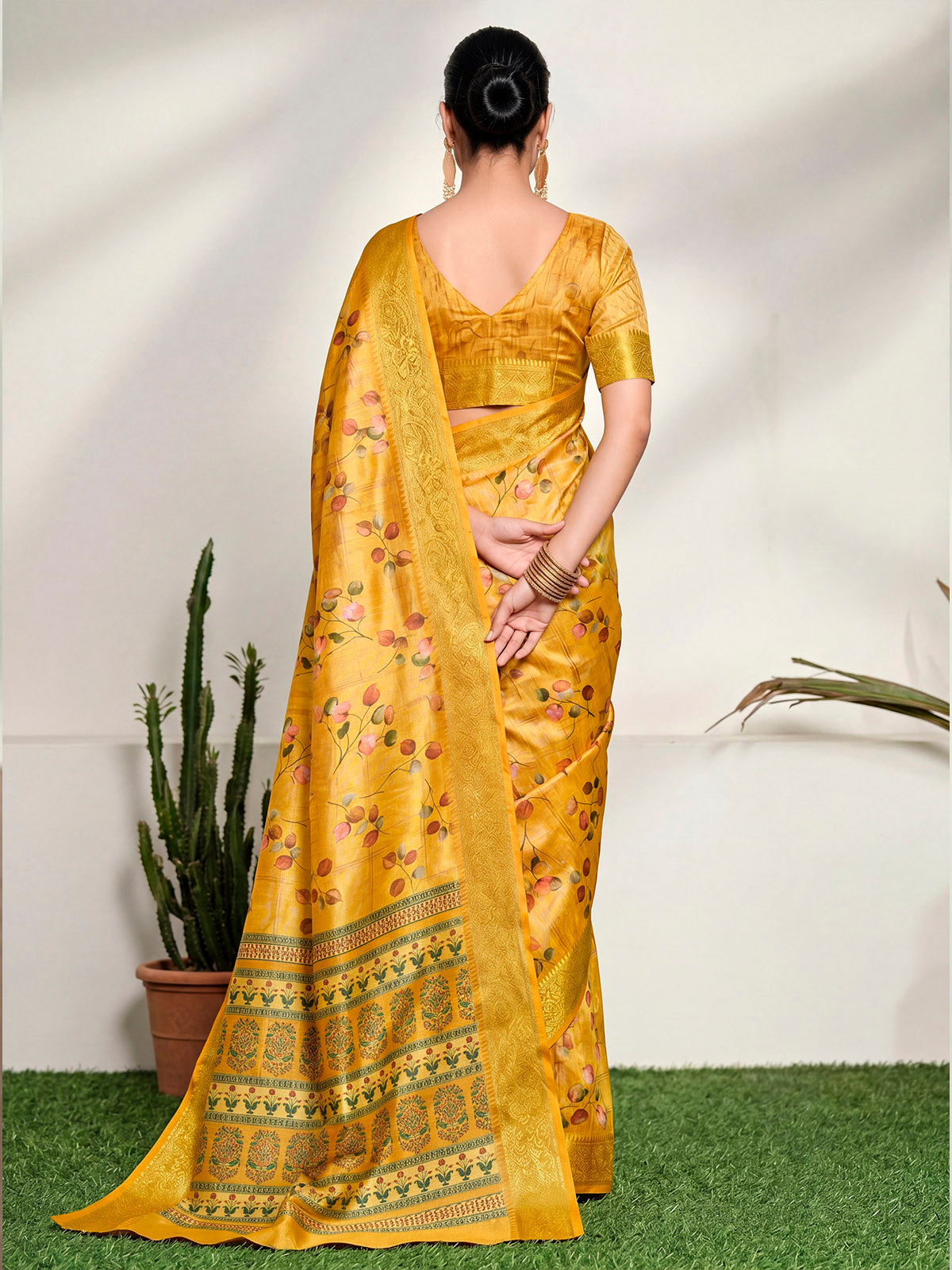 Varnika - Yellow Digital Printed Moss Georgette Saree with Woven Border
