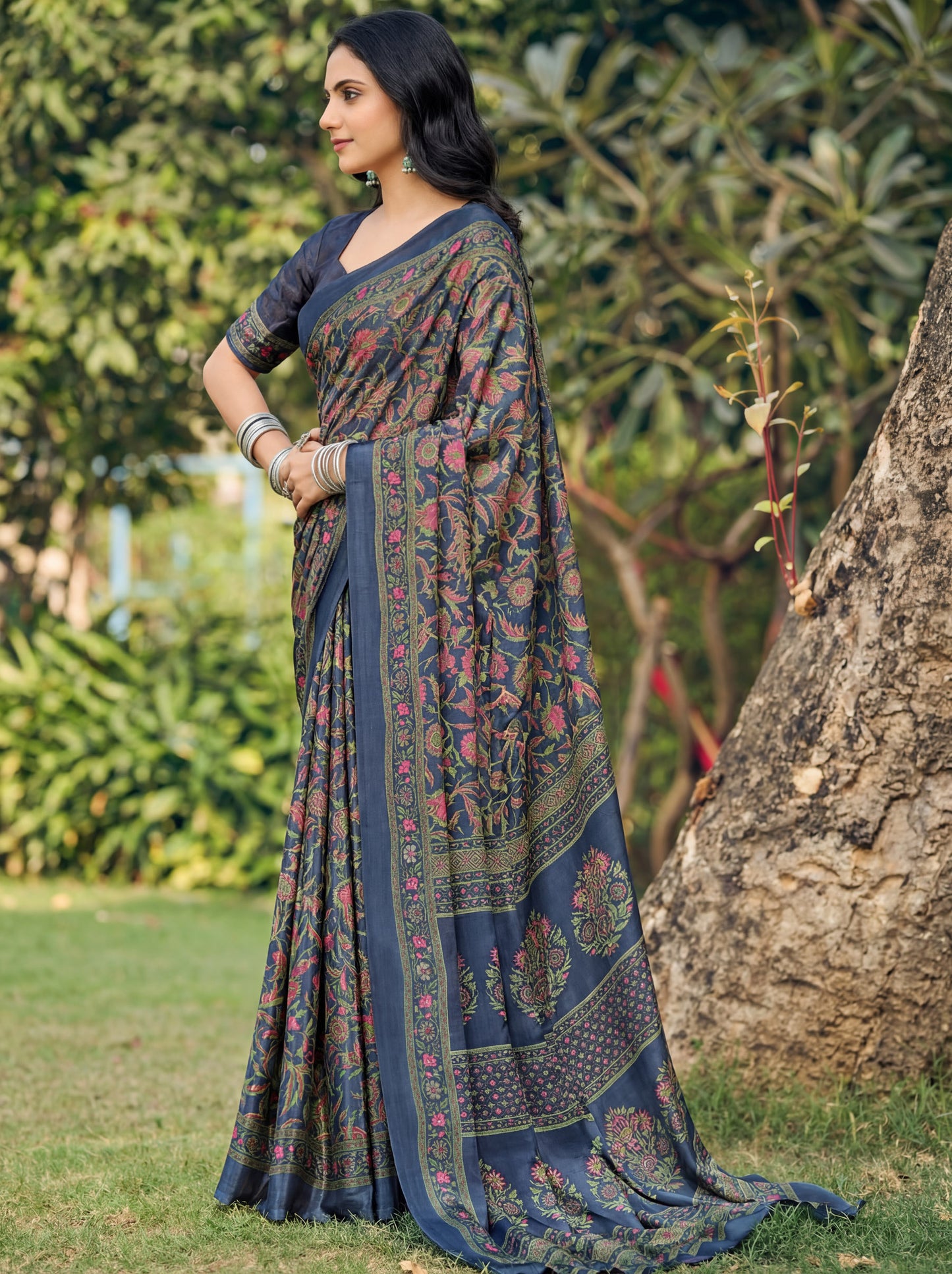 Rajkala - Navy Blue Printed Crepe Silk Saree