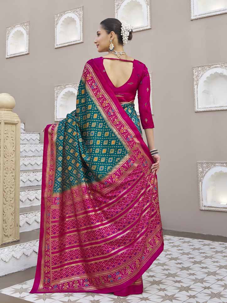 Gulmarg - Teal Silk Digital Printed Saree with Zari Border