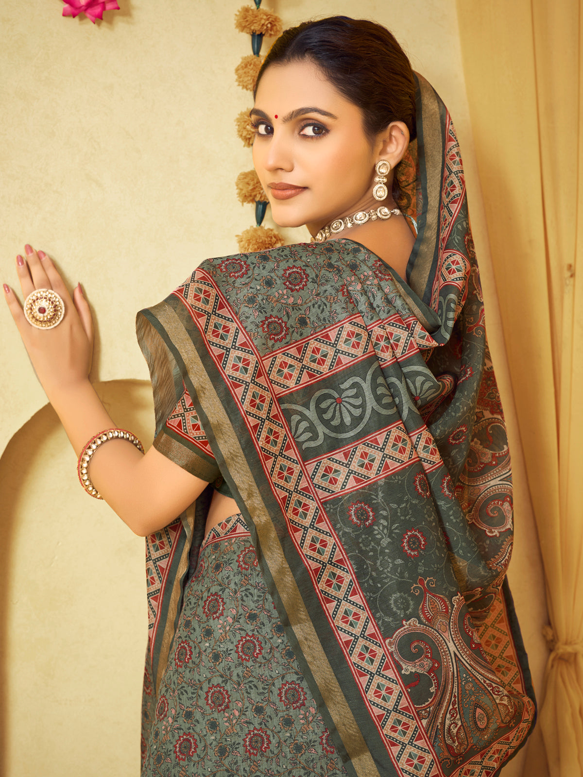 Amrapali - Green Chanderi Cotton Digital Printed Saree with Zari Border