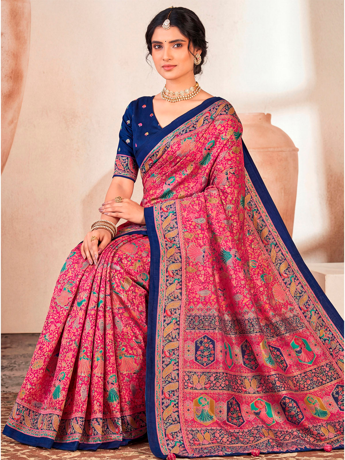 Kumuda - Pink Mysore Silk Jari Printed with Tessals