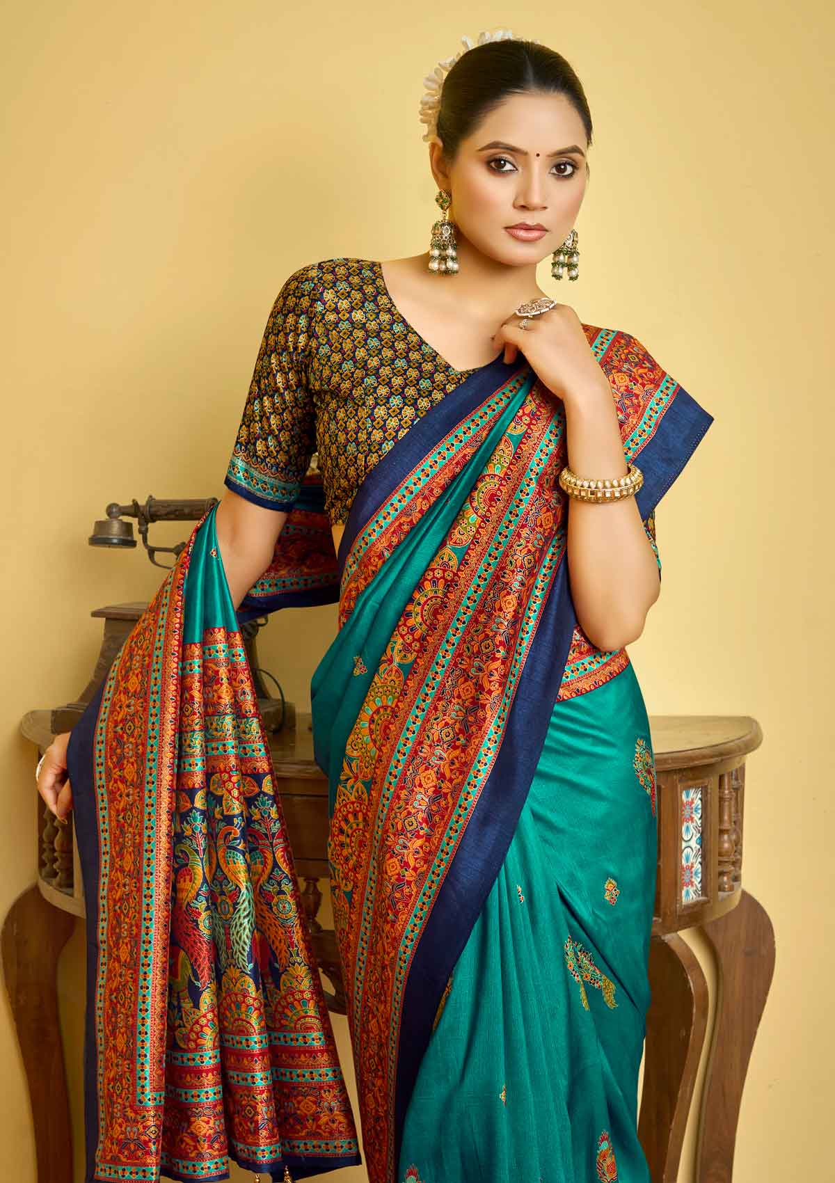 Kumuda - Turquoise Silk Printed Saree with Delicate Foil Work