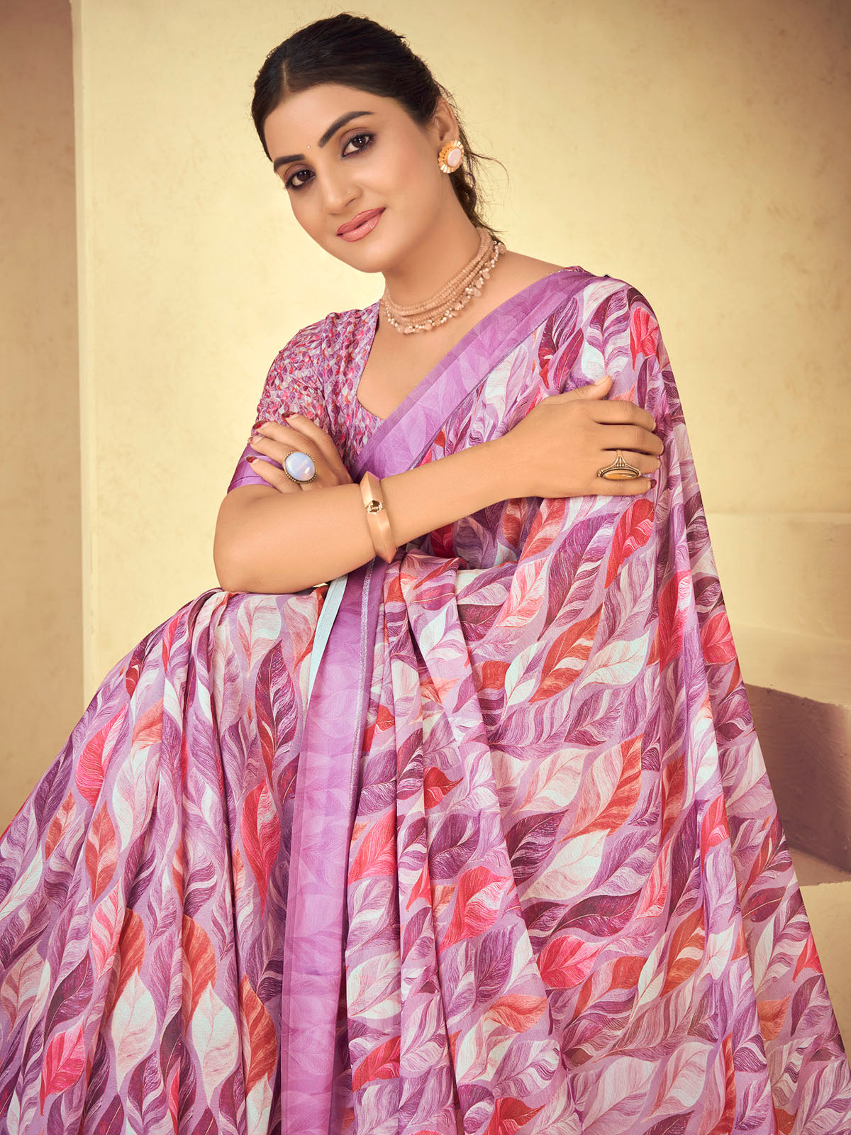 Samriddhi - Purple Moss Georgette Digital Print Saree with Satin Patta Border
