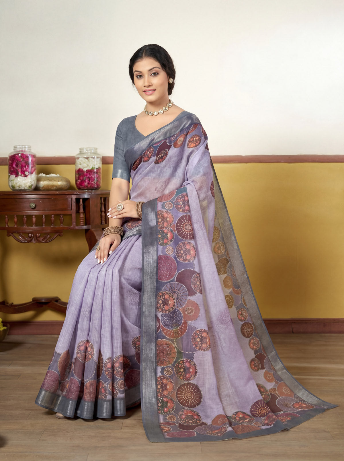 Rachna - Violet Linen Digital Print Saree with Woven Border