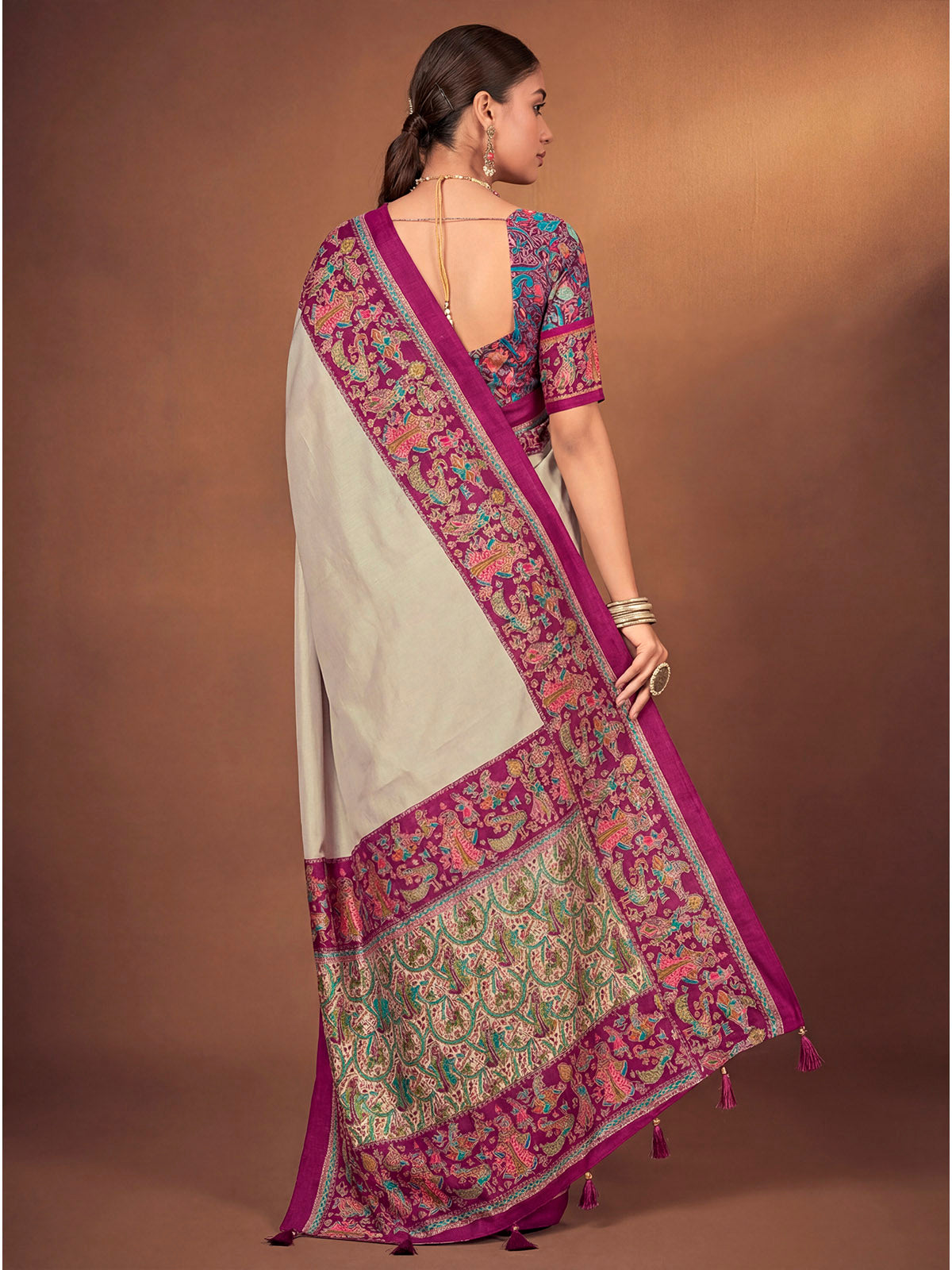 Kumuda - Light Grey Mysore Silk Jari Printed with Tessals