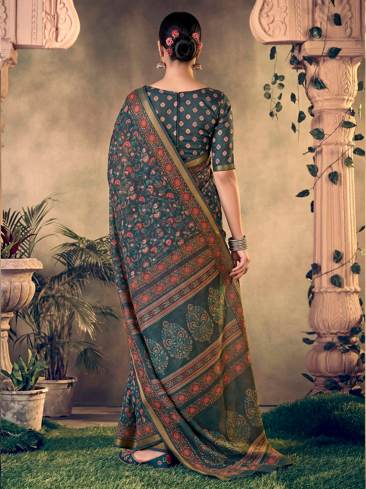 Amrapali - Navy Blue Chanderi Cotton Digital Printed Saree with Zari Border