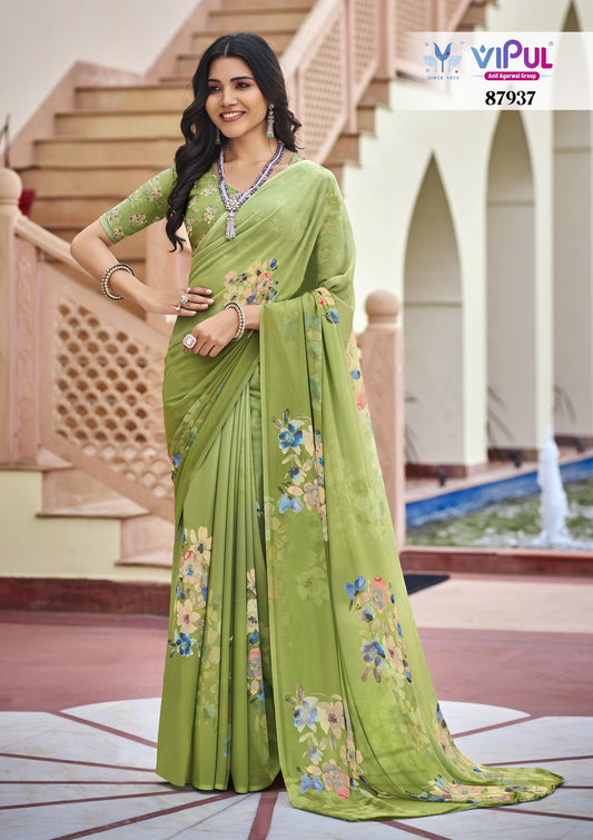 Twisha - Parrot Green Georgette Floral Digital Printed Saree