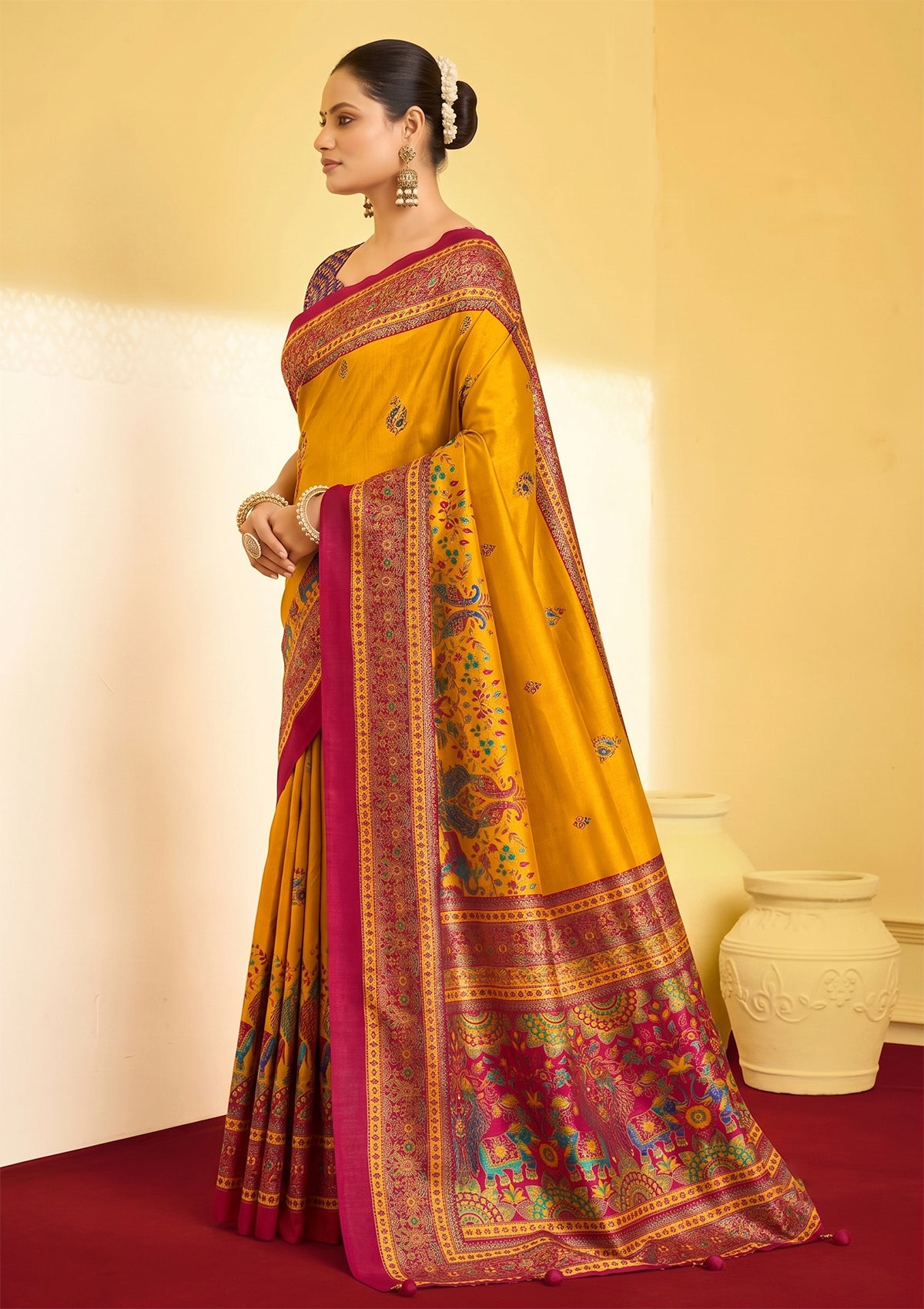 Kumuda - Yellow Silk Printed Saree with Delicate Foil Work