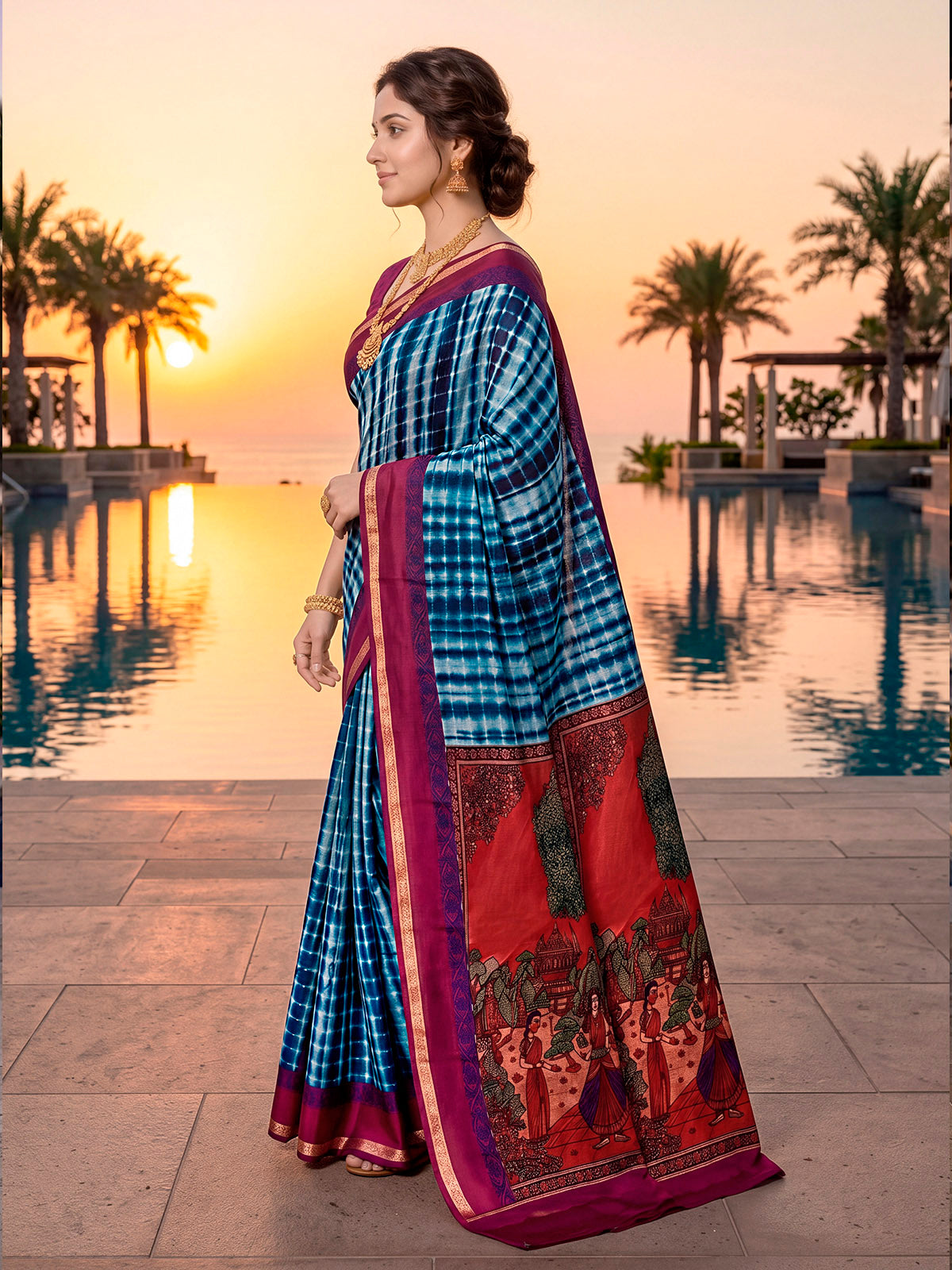 Monalisa - Blue Printed Liva Cotton Silk Saree