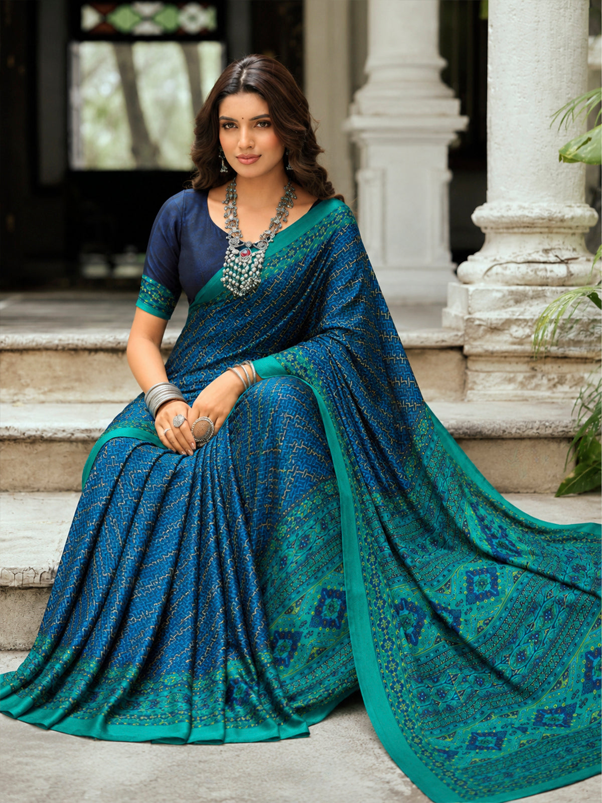 Rajkala - Blue Printed Crepe Silk Saree