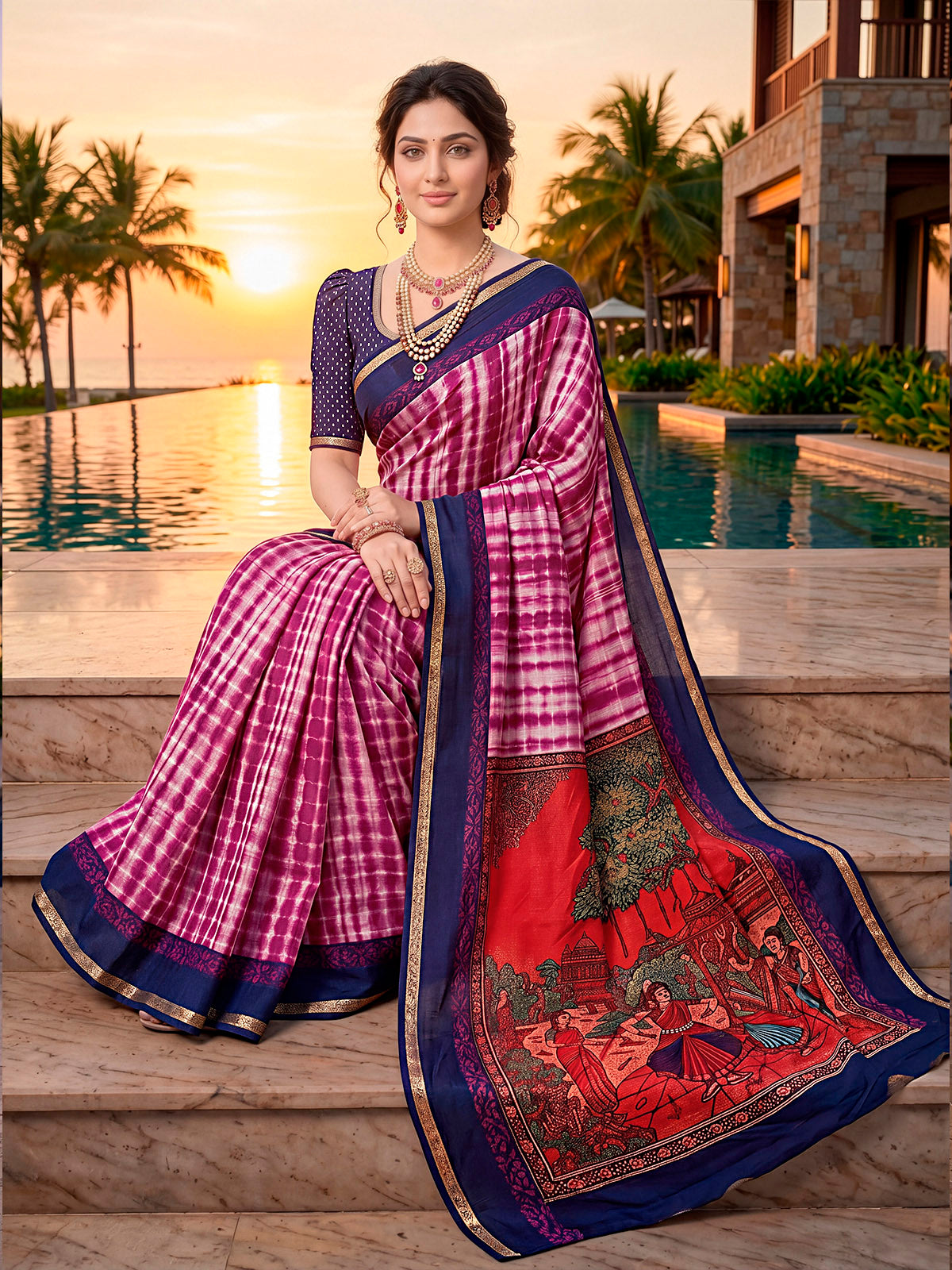 Monalisa - Purple Printed Liva Cotton Silk Saree
