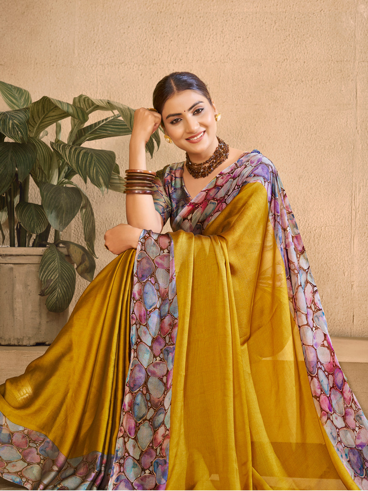 Ekvarna - Yellow Printed Chiffon Saree
