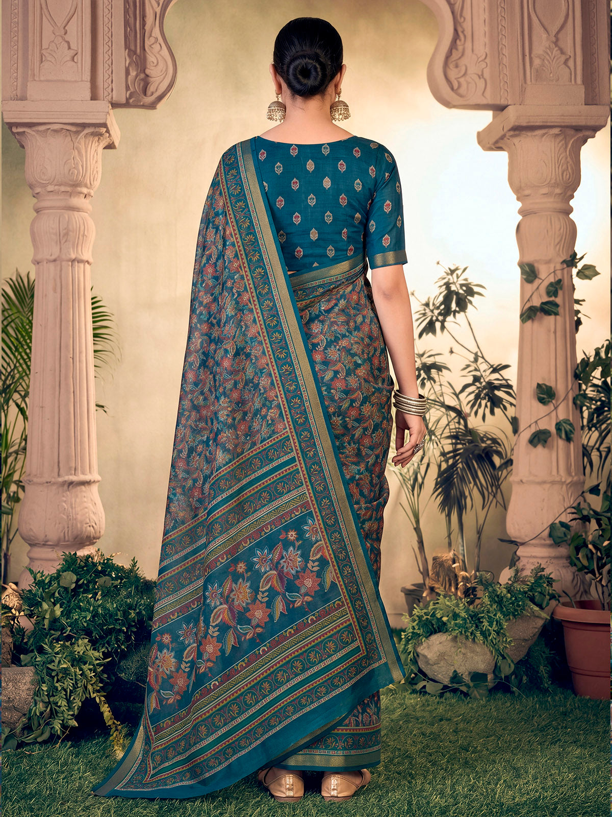 Amrapali - Blue Chanderi Cotton Digital Printed Saree with Zari Border
